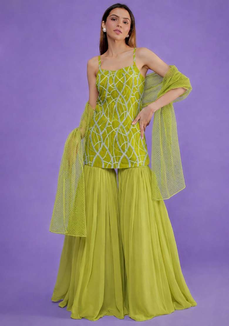 Leaf Green Embroidered Crepe Sharara Set - Indya