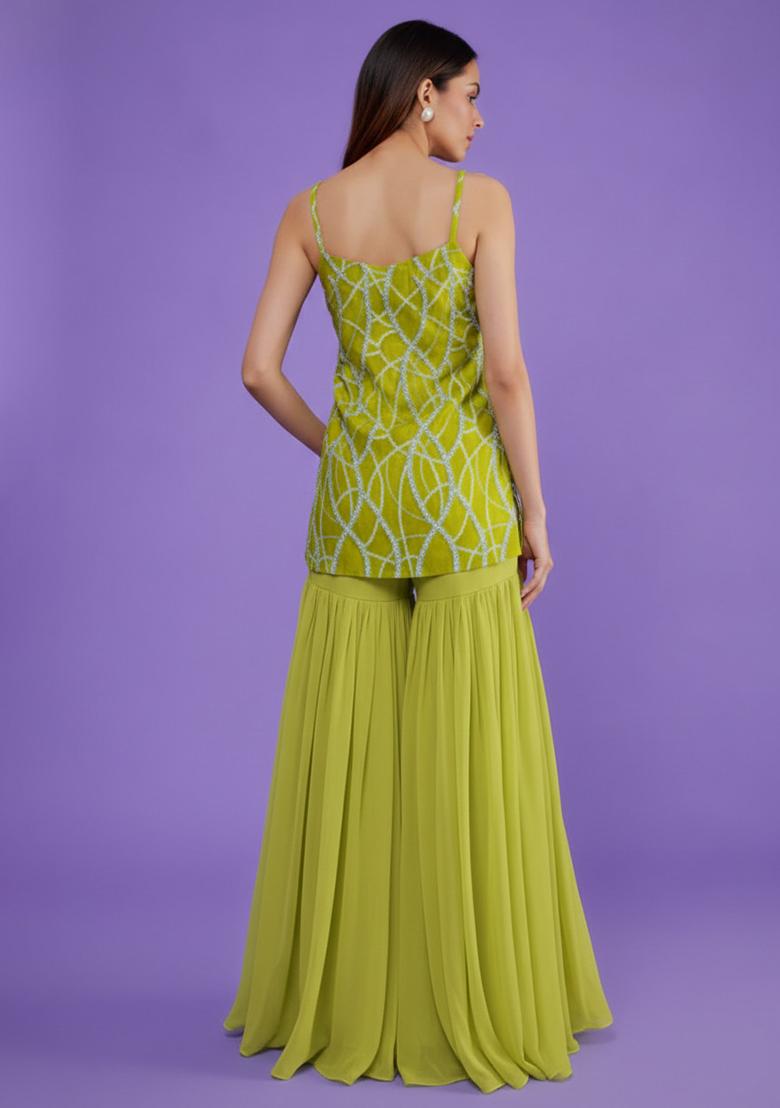 Leaf Green Embroidered Crepe Sharara Set - Indya