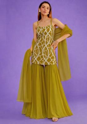 Mustard Embroidered Crepe Sharara Set