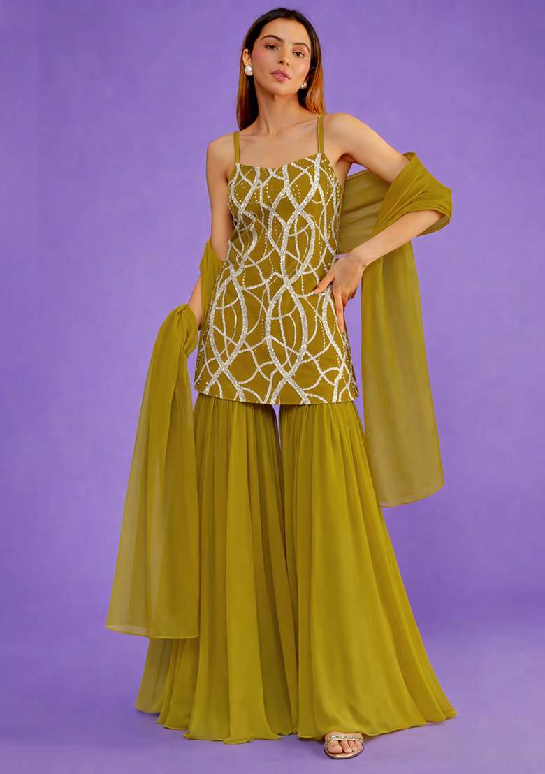 Mustard Embroidered Crepe Sharara Set - Indya