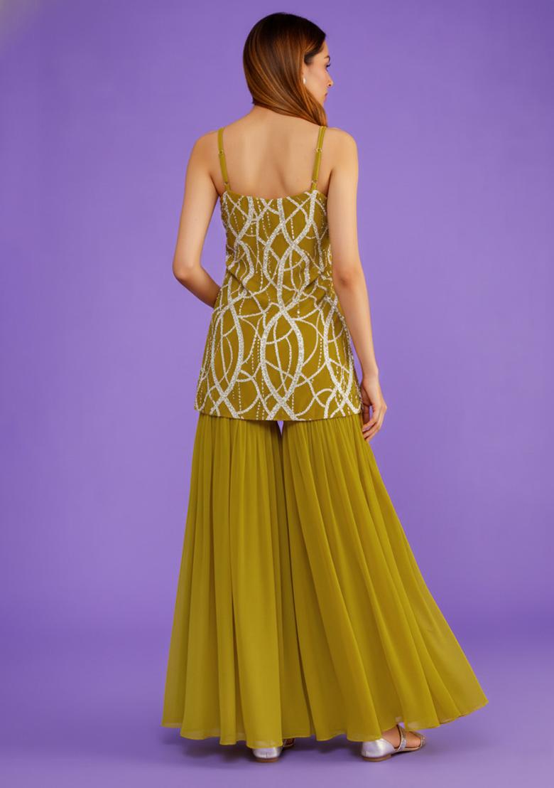 Mustard Embroidered Crepe Sharara Set - Indya