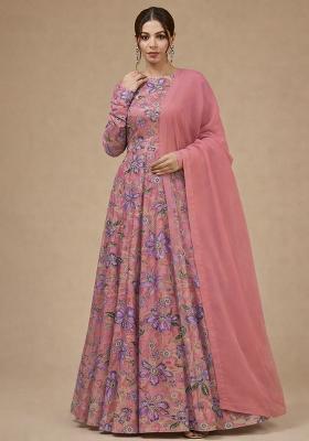 Light Pink Floral Print Organza Anarkali With Dupatta
