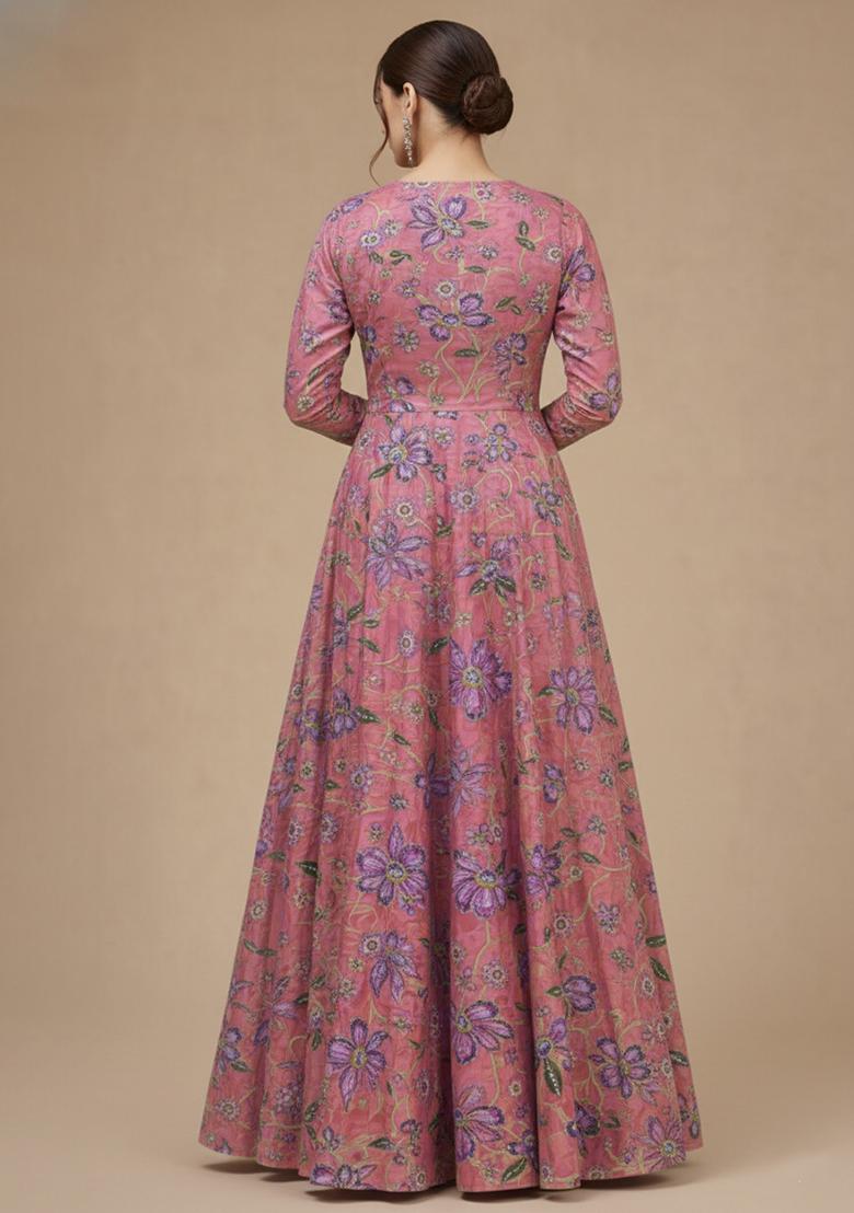 Light Pink Floral Print Organza Anarkali With Dupatta - Indya