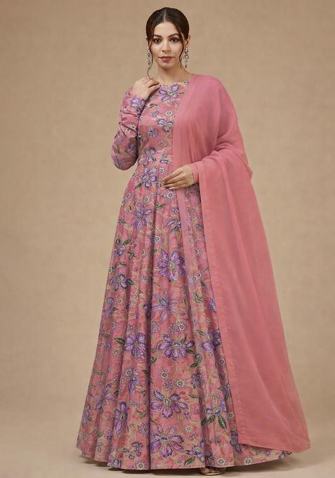 Light Pink Floral Print Organza Anarkali With Dupatta
