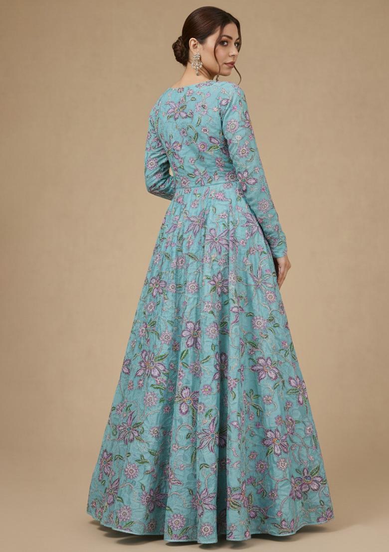 Powder Blue Floral Print Organza Anarkali With Dupatta - Indya