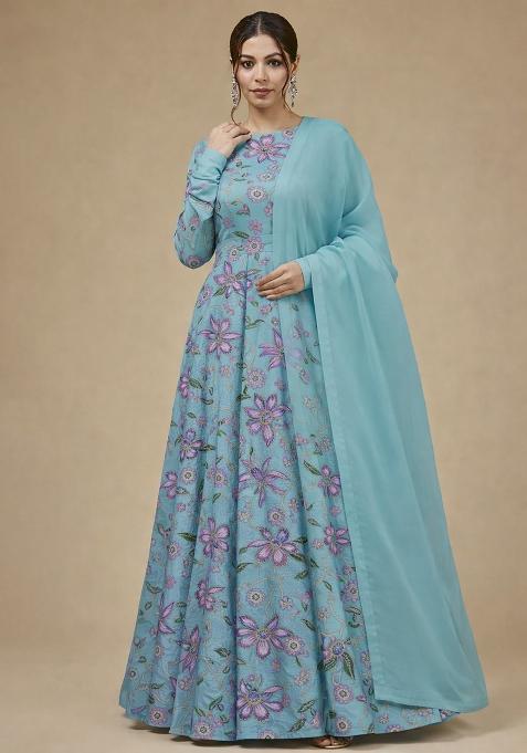 Powder Blue Floral Print Organza Anarkali With Dupatta