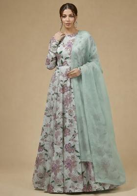 Sage Green Floral Print Organza Anarkali With Dupatta