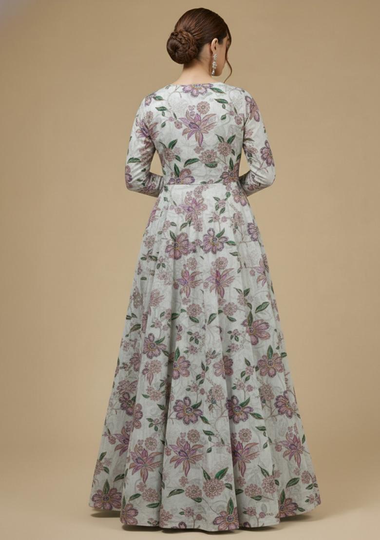 Sage Green Floral Print Organza Anarkali With Dupatta - Indya