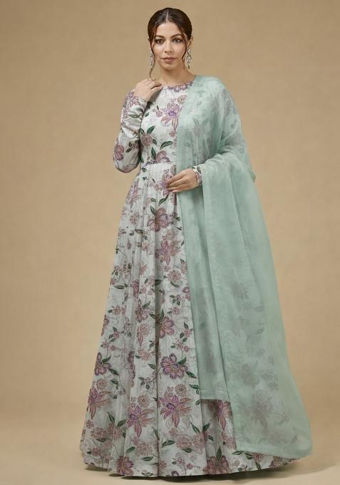 Sage Green Floral Print Organza Anarkali With Dupatta