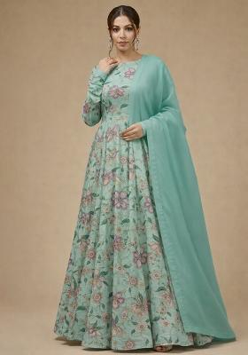 Mint Green Floral Print Organza Anarkali With Dupatta