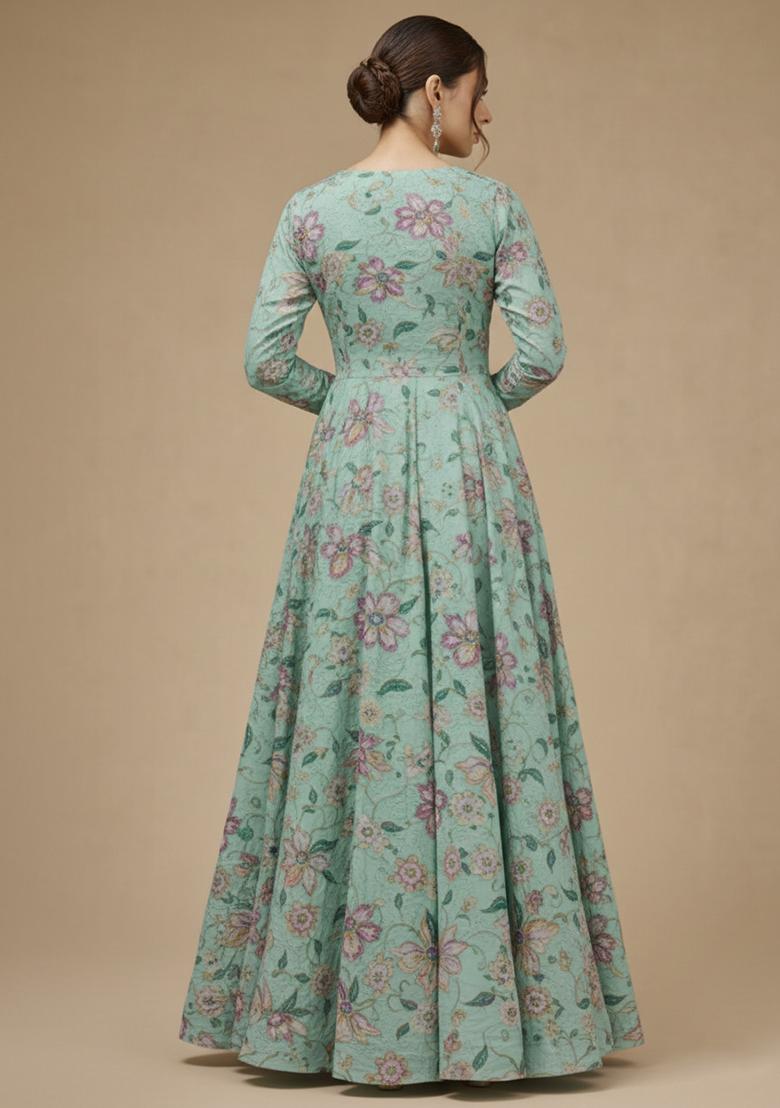 Mint Green Floral Print Organza Anarkali With Dupatta - Indya