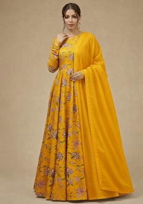 Yellow Floral Print Organza Anarkali With Dupatta