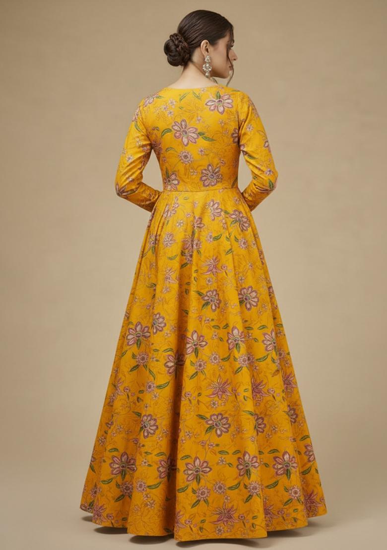 Yellow Floral Print Organza Anarkali With Dupatta - Indya