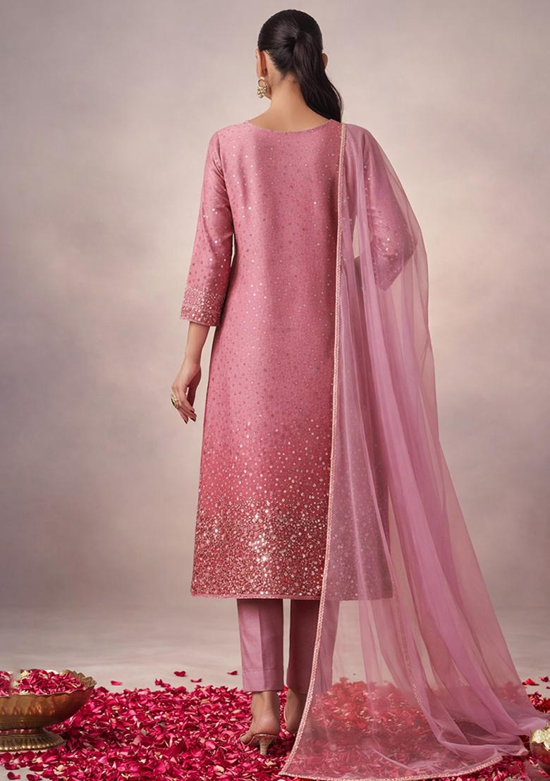 Rose Pink Sequin tissue Kurta Set - Indya