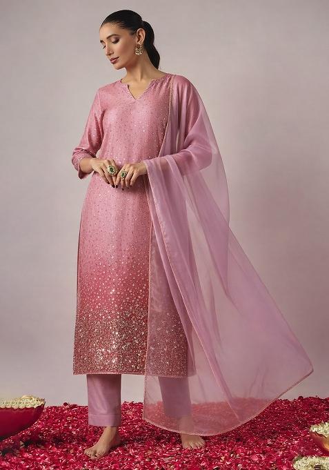 Rose Pink Sequin Work Tissue Straight Kurta Set