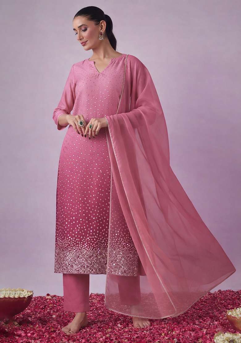 Pink Sequin Work Tissue Straight Kurta Set - Indya