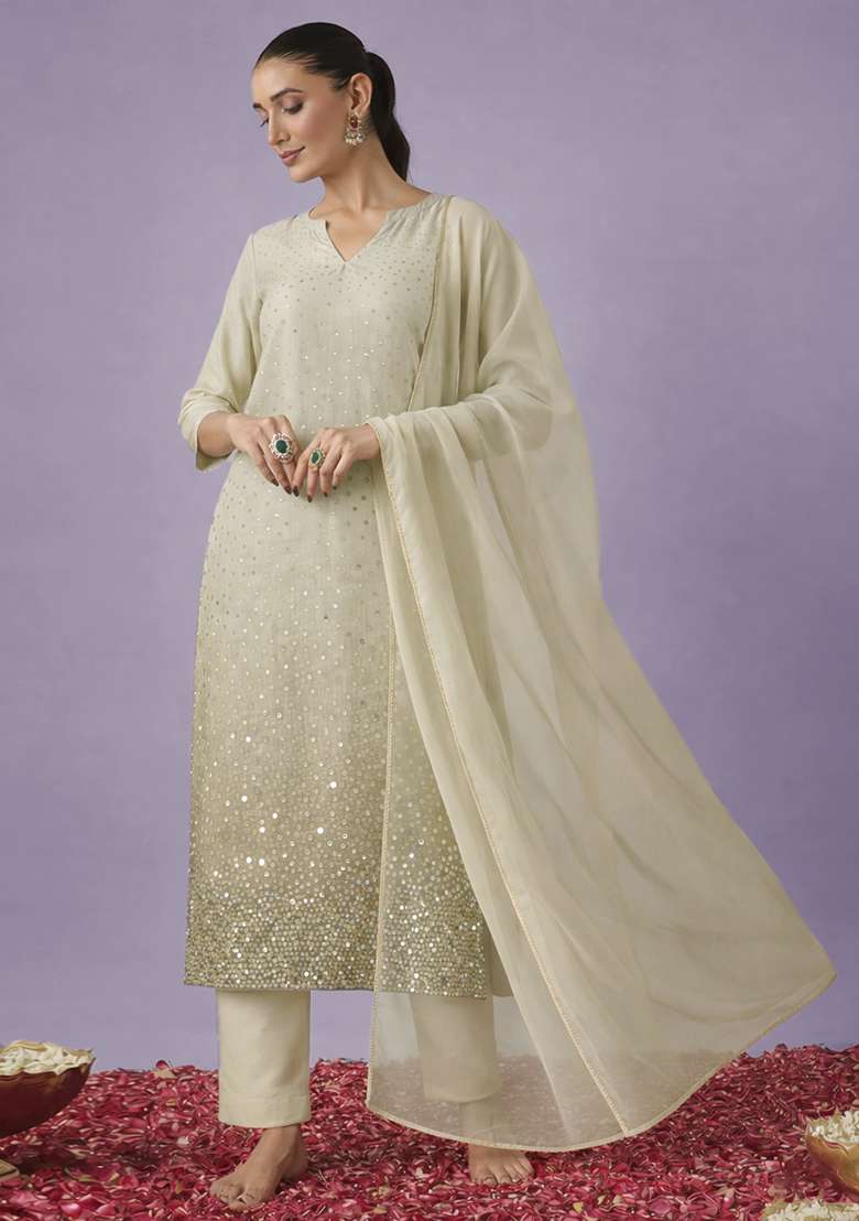 Ivory Sequin Work Tissue Straight Kurta Set - Indya