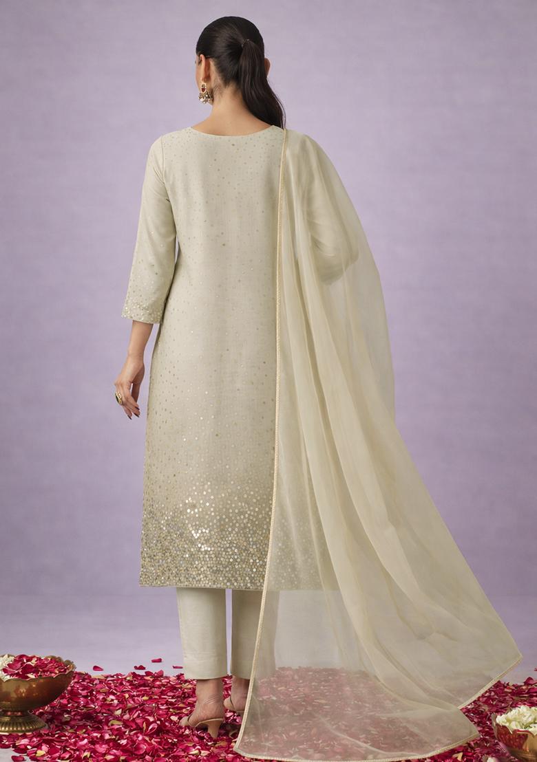 Ivory Sequin tissue Kurta Set - Indya