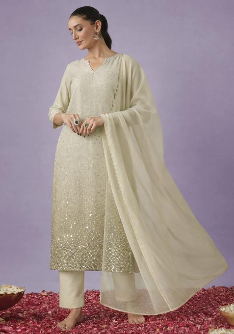 Ivory Sequin Work Tissue Straight Kurta Set