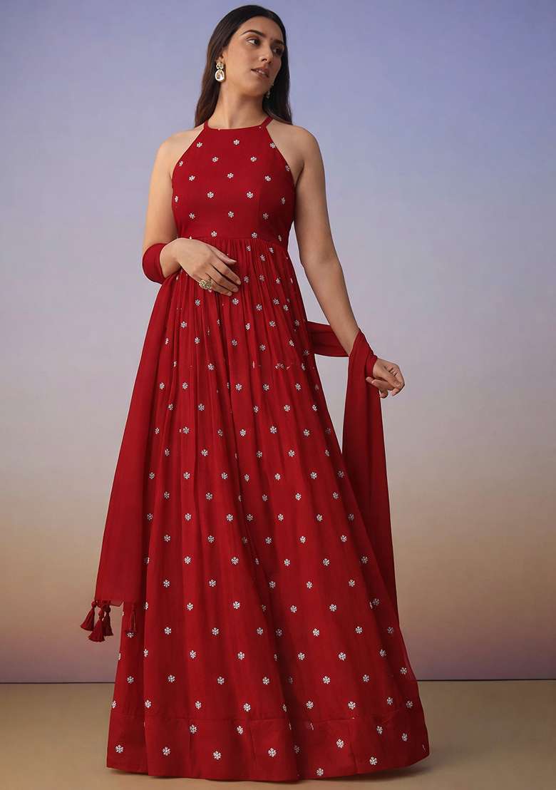 Deep Red Printed Moss Anarkali With Dupatta - Indya