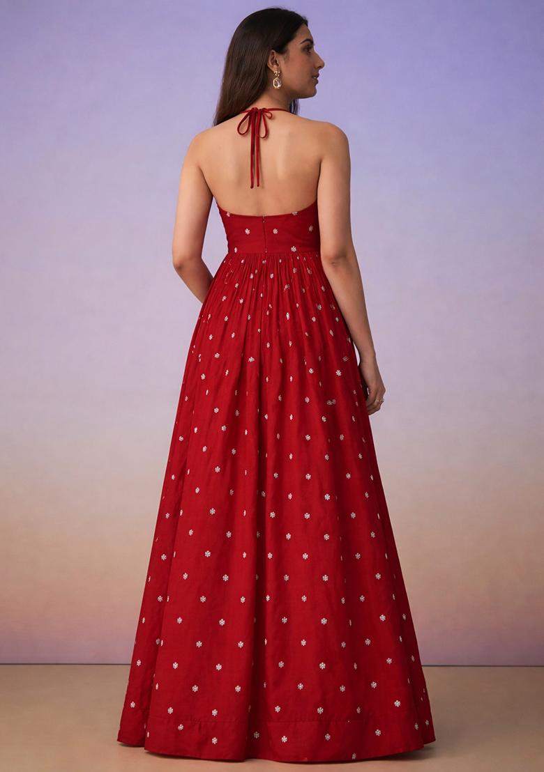 Deep Red Printed Moss Anarkali With Dupatta - Indya