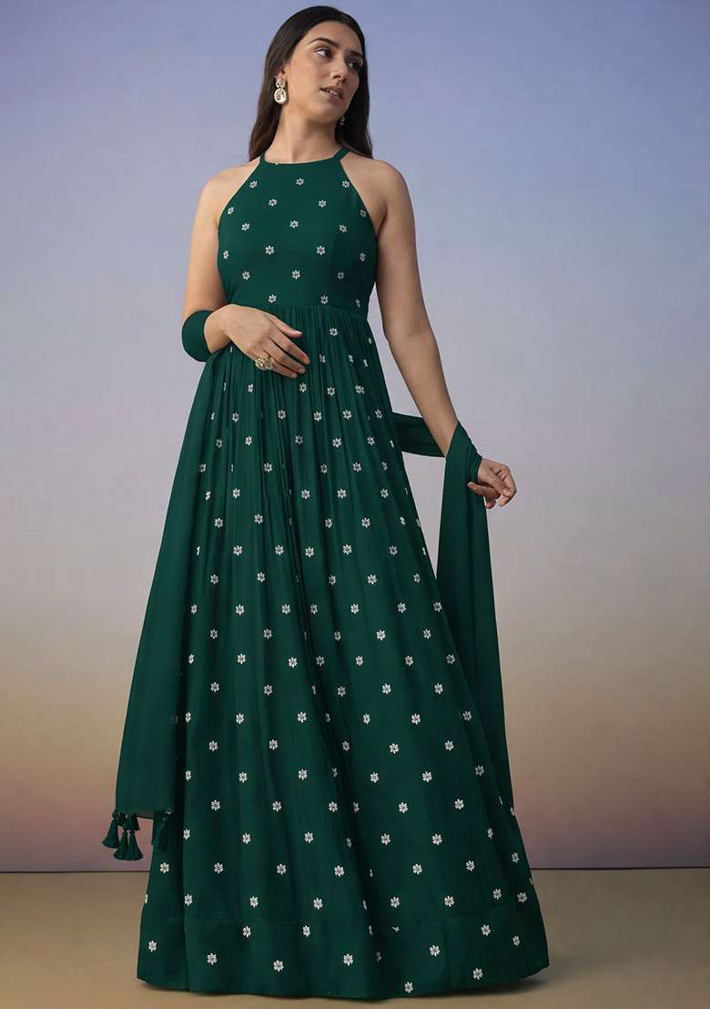 Dark Green Printed Moss Anarkali With Dupatta - Indya