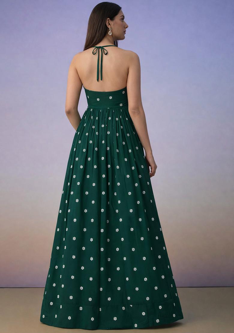 Dark Green Printed Moss Anarkali With Dupatta - Indya