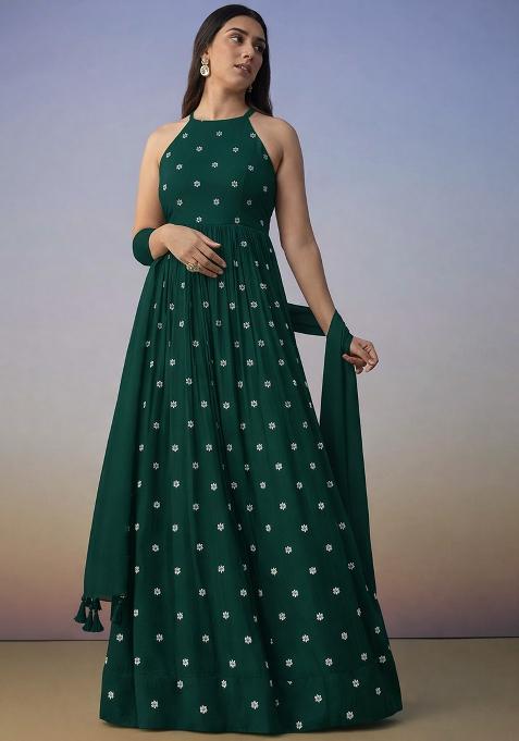 Dark Green Printed Moss Anarkali With Dupatta