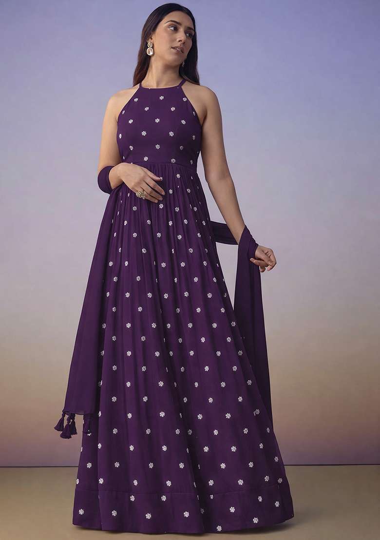 Deep Purple Printed Moss Anarkali With Dupatta - Indya