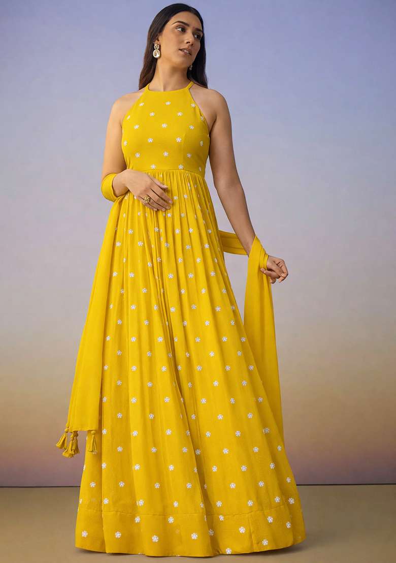 Yellow Printed moss Anarkali With Dupatta - Indya