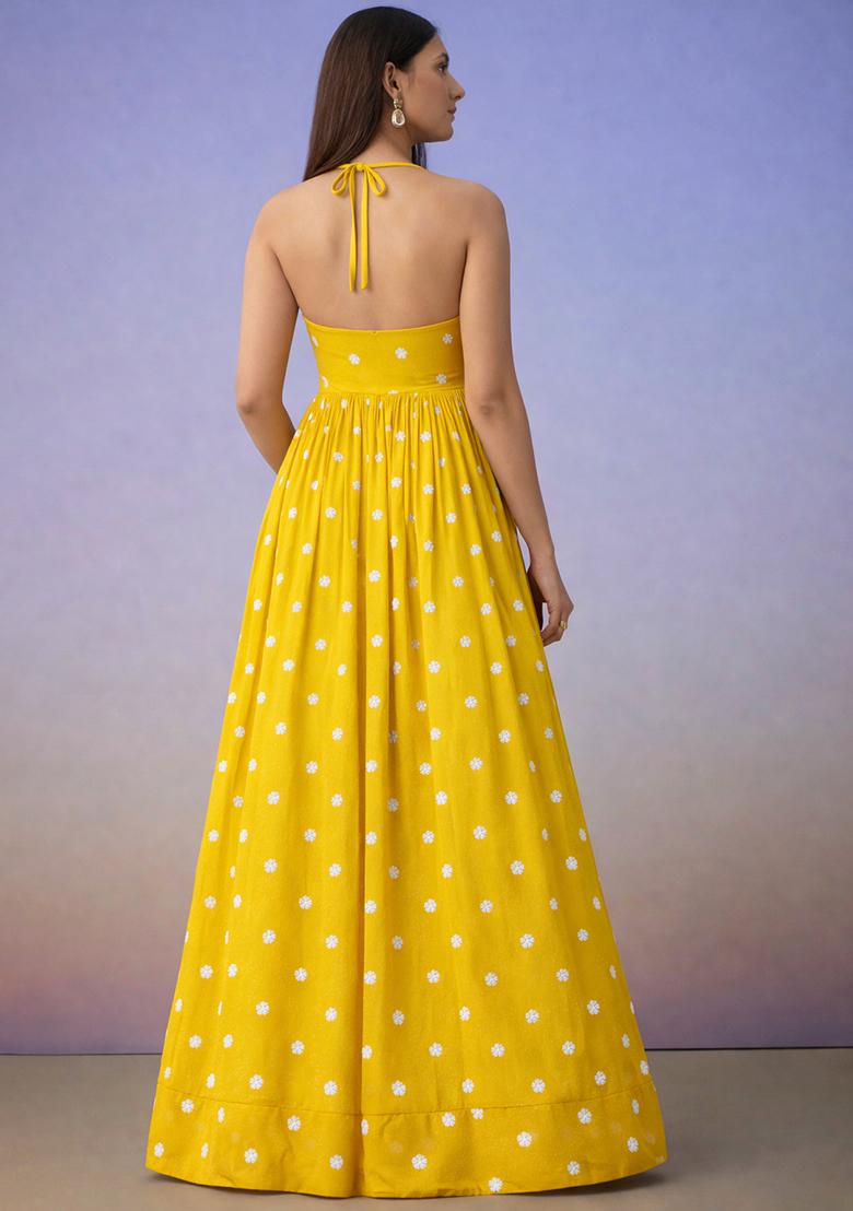 Yellow Printed moss Anarkali With Dupatta - Indya