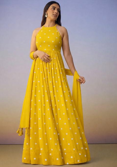 Yellow Printed moss Anarkali With Dupatta
