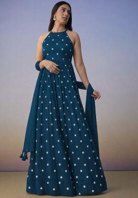 Teal Blue Printed moss Anarkali With Dupatta