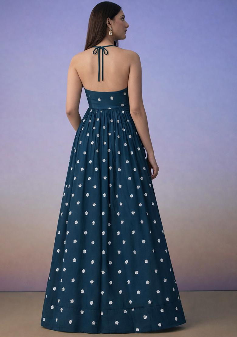 Teal Blue Printed moss Anarkali With Dupatta - Indya