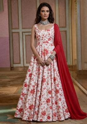 Red Floral Print Crepe Anarkali With Dupatta