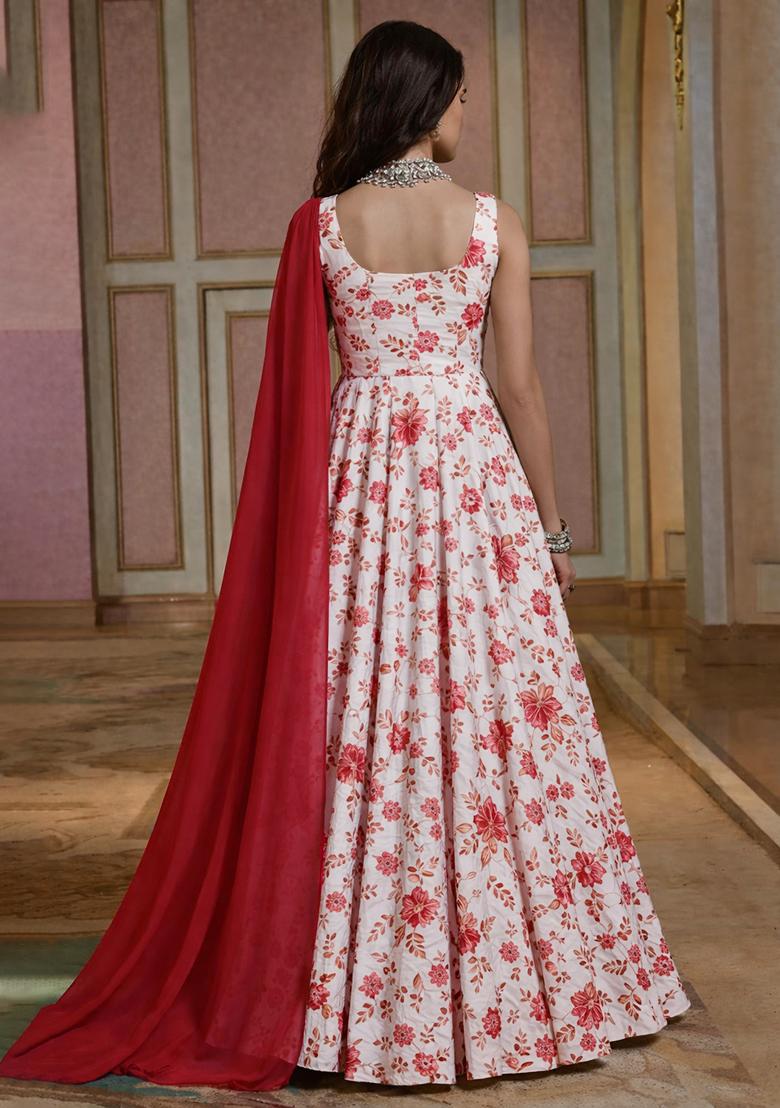 Red Floral Print Crepe Anarkali With Dupatta - Indya