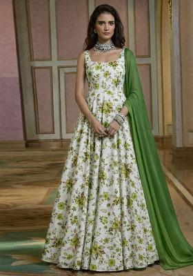 Green Floral Print Crepe Anarkali With Dupatta