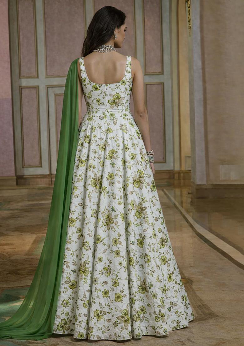 Green Floral Print Crepe Anarkali With Dupatta - Indya