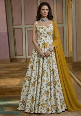 Mustard  Floral Print Crepe Anarkali With Dupatta