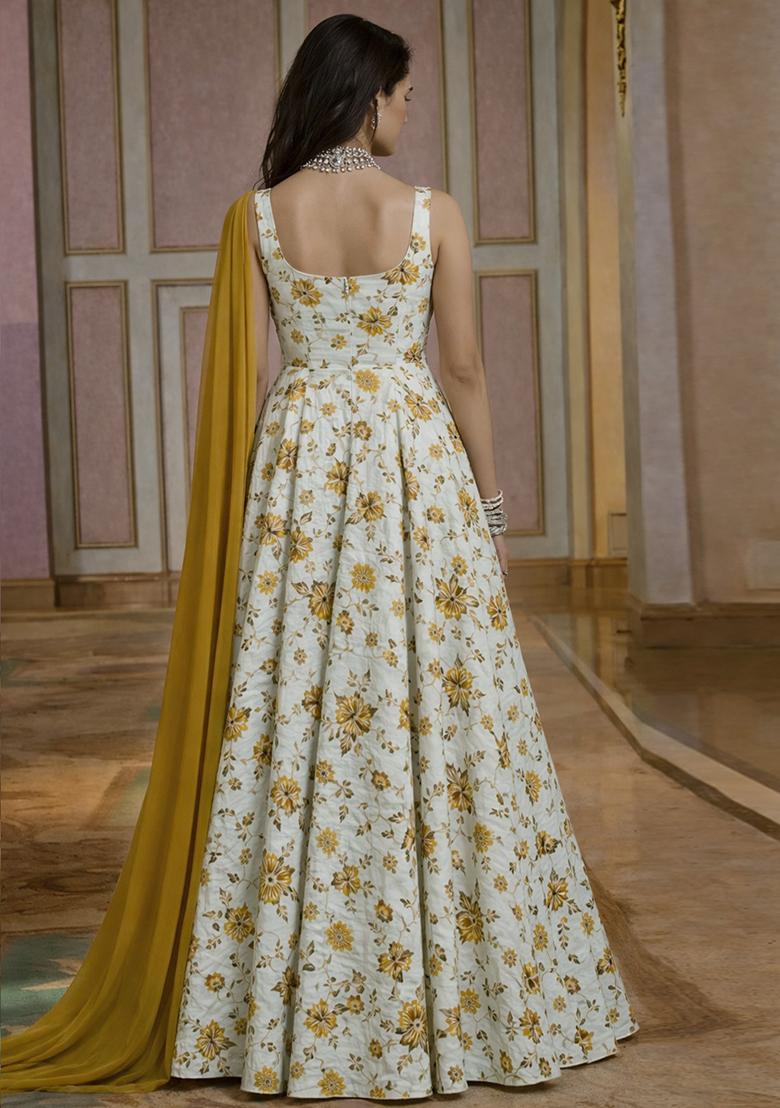 Mustard  Floral Print Crepe Anarkali With Dupatta - Indya