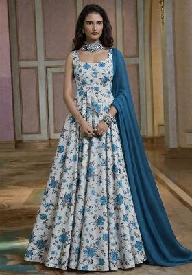 Royal Blue Floral Print Crepe Anarkali With Dupatta