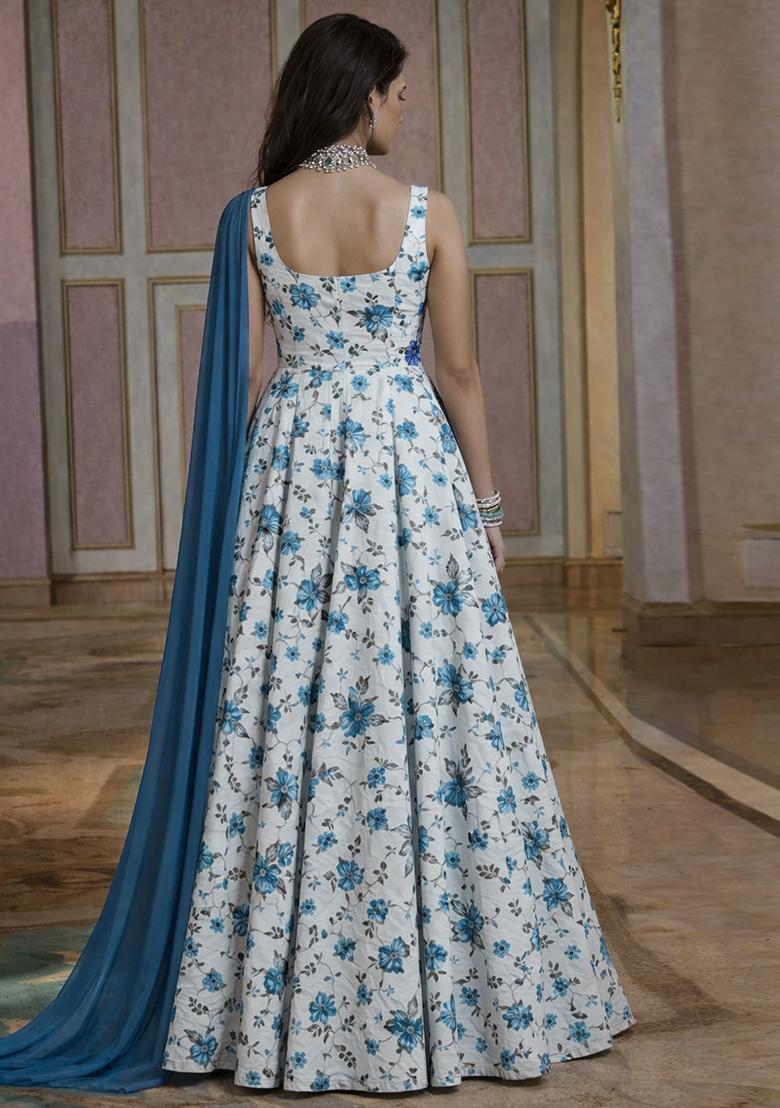 Royal Blue Floral Print Crepe Anarkali With Dupatta - Indya