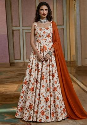 Rust Floral Print Crepe Anarkali With Dupatta