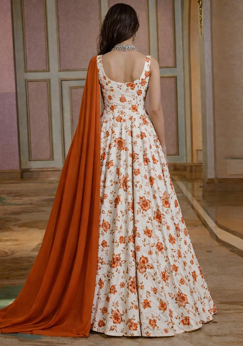 Rust Floral Print Crepe Anarkali With Dupatta - Indya