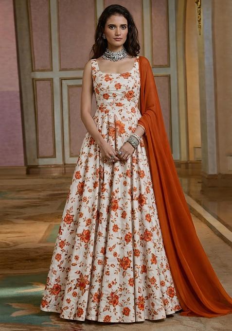 Rust Floral Print Crepe Anarkali With Dupatta