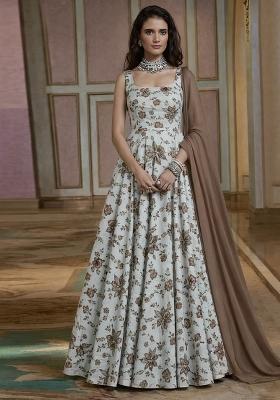 Brown Floral Print Crepe Anarkali With Dupatta