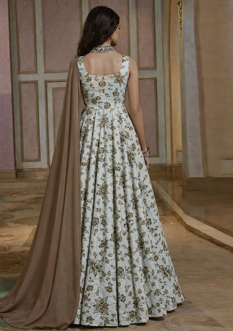 Brown Floral Print Crepe Anarkali With Dupatta - Indya