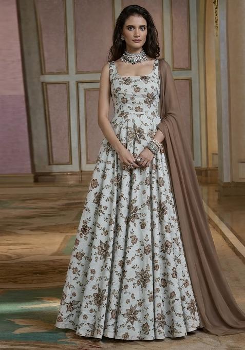 Brown Floral Print Crepe Anarkali With Dupatta