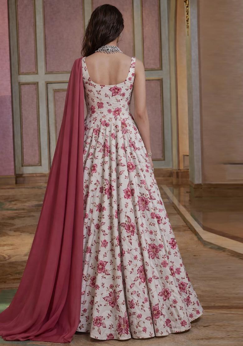 Pink Floral Print Crepe Anarkali With Dupatta - Indya