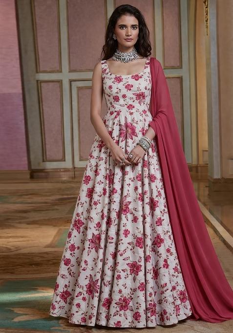 Pink Floral Print Crepe Anarkali With Dupatta